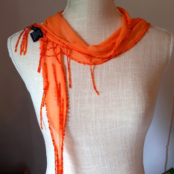 2 SILK Skinny Scarfs in Beaded Tassels in Orange & Green Silk Chiffon - Picture 3 of 8